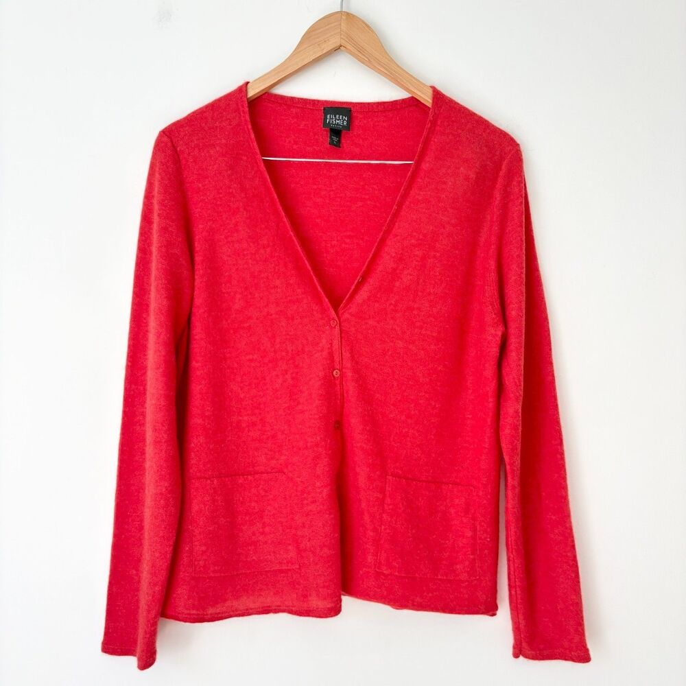 Eileen Fisher 100% Cashmere Cardigan Sweater L Petite Long Sleeve Red Soft Knit